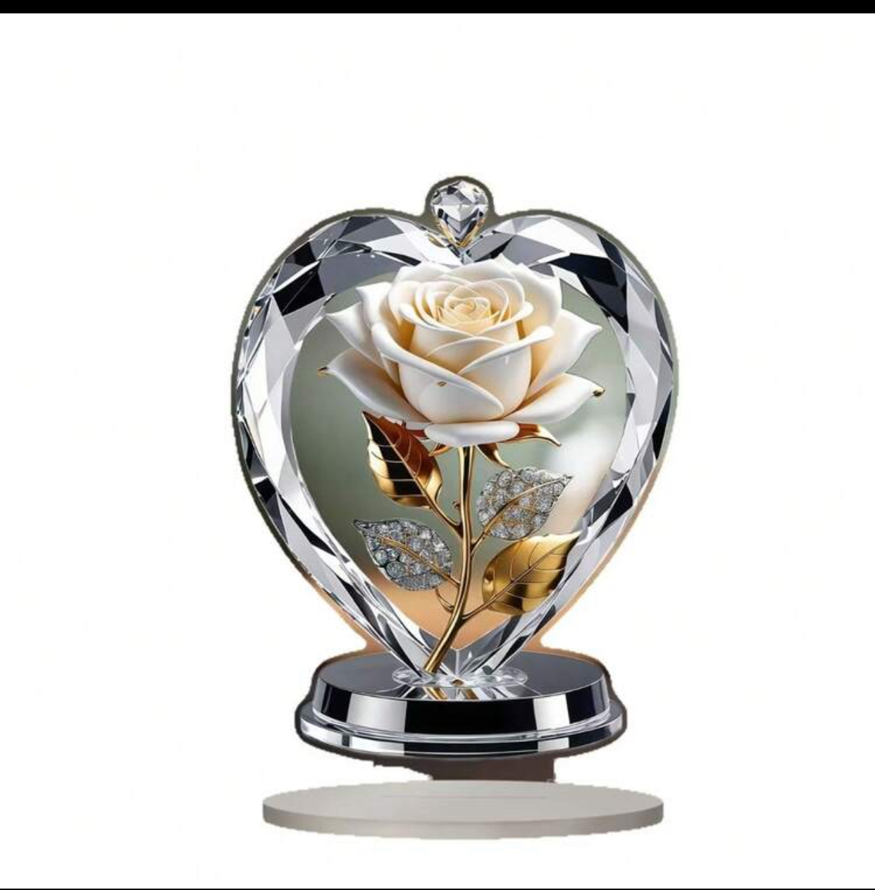 2D Flat Printed Acrylic Heart & White Rose Display – Faux Crystal Floral Desk Ornament 2