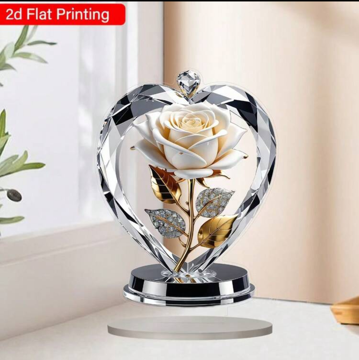 2D Flat Printed Acrylic Heart & White Rose Display – Faux Crystal Floral Desk Ornament 3