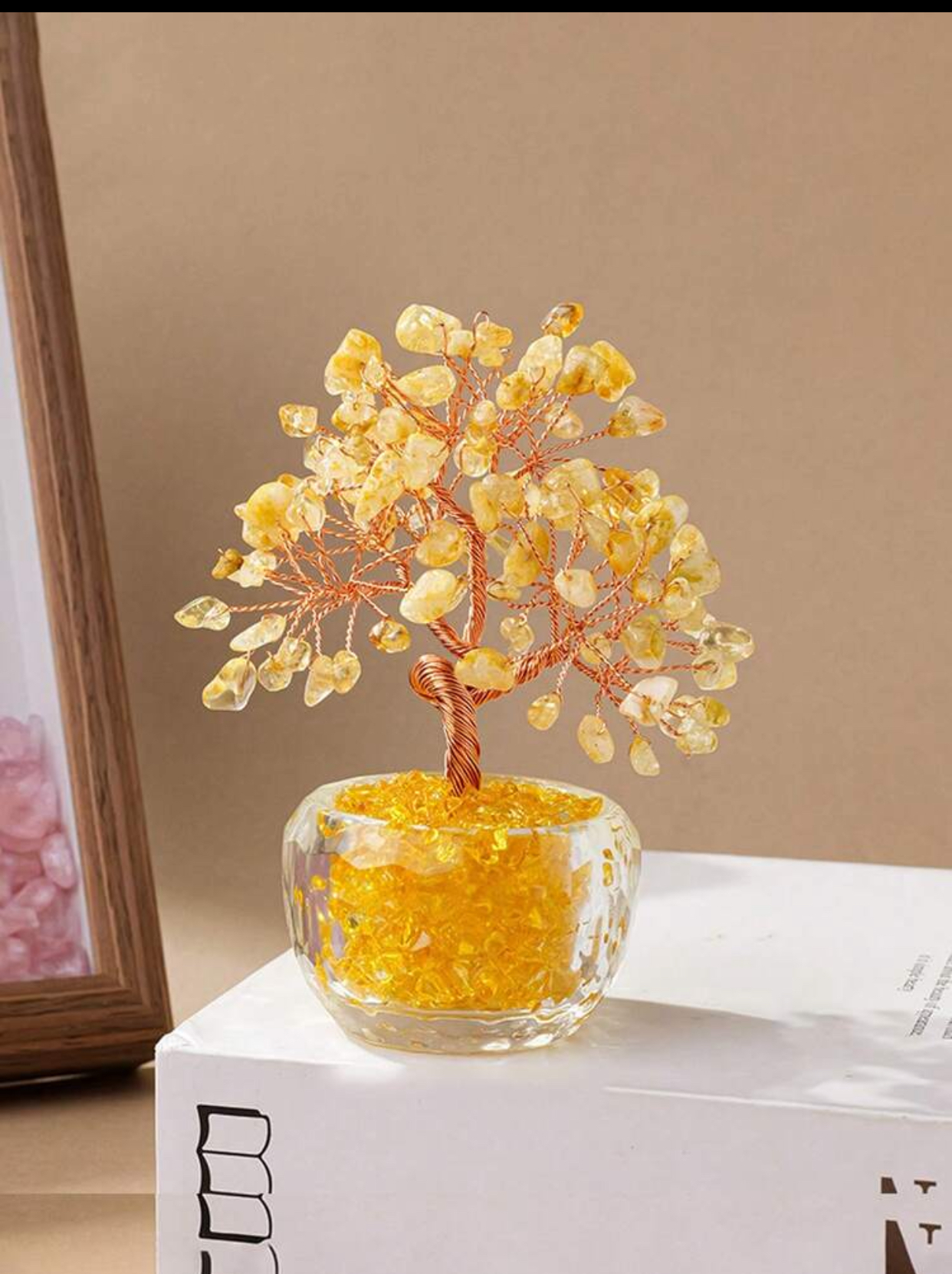Citrine Gemstone Bonsai Money Tree – Wealth & Luck Crystal Tree with Clear Glass Pot Base