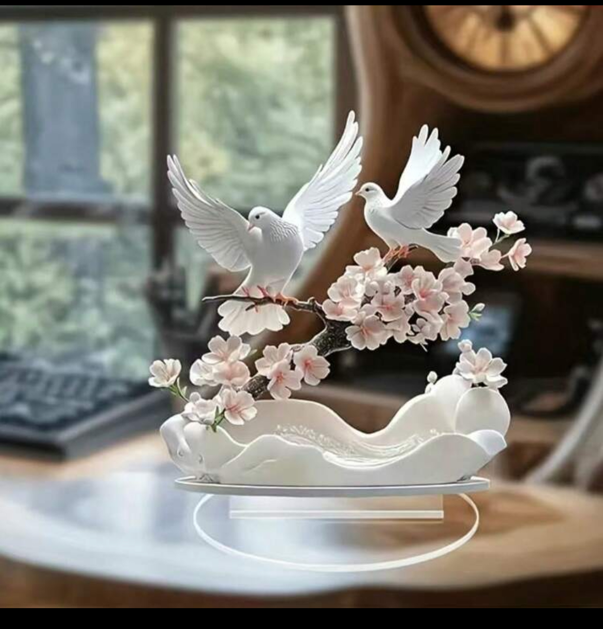 Elegant White Doves & Pink Cherry Blossom Figurine – Faux Porcelain Ceramic Bird Sculpture