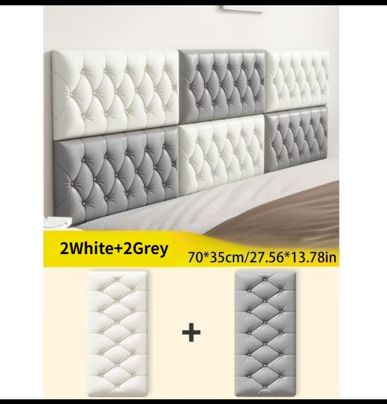 4-Pack Peel-and-Stick Tufted Headboard Panels – Gray and White Upholstered Wall Cushions