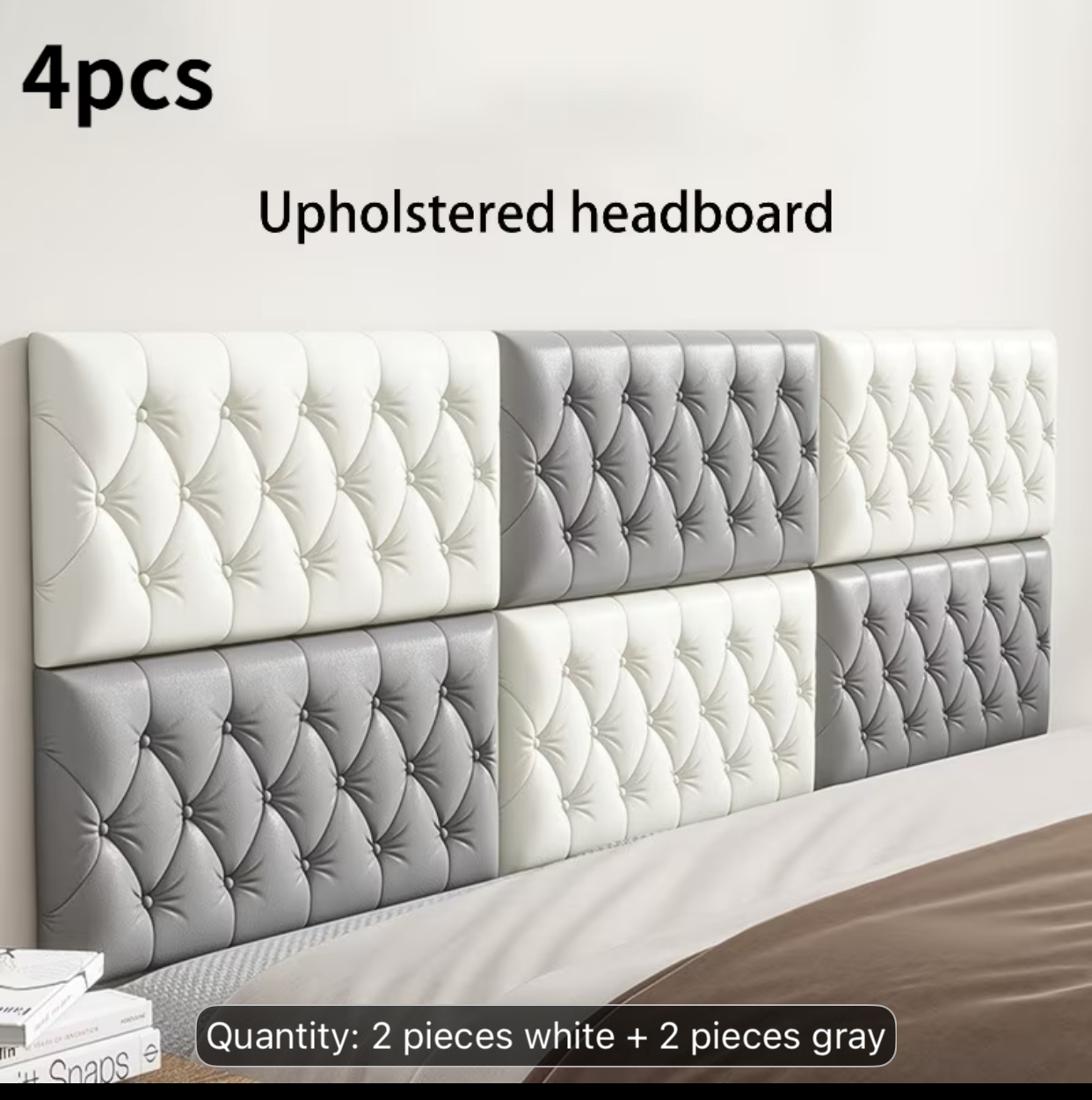 4-Pack Peel-and-Stick Tufted Headboard Panels – Gray and White Upholstered Wall Cushions 2