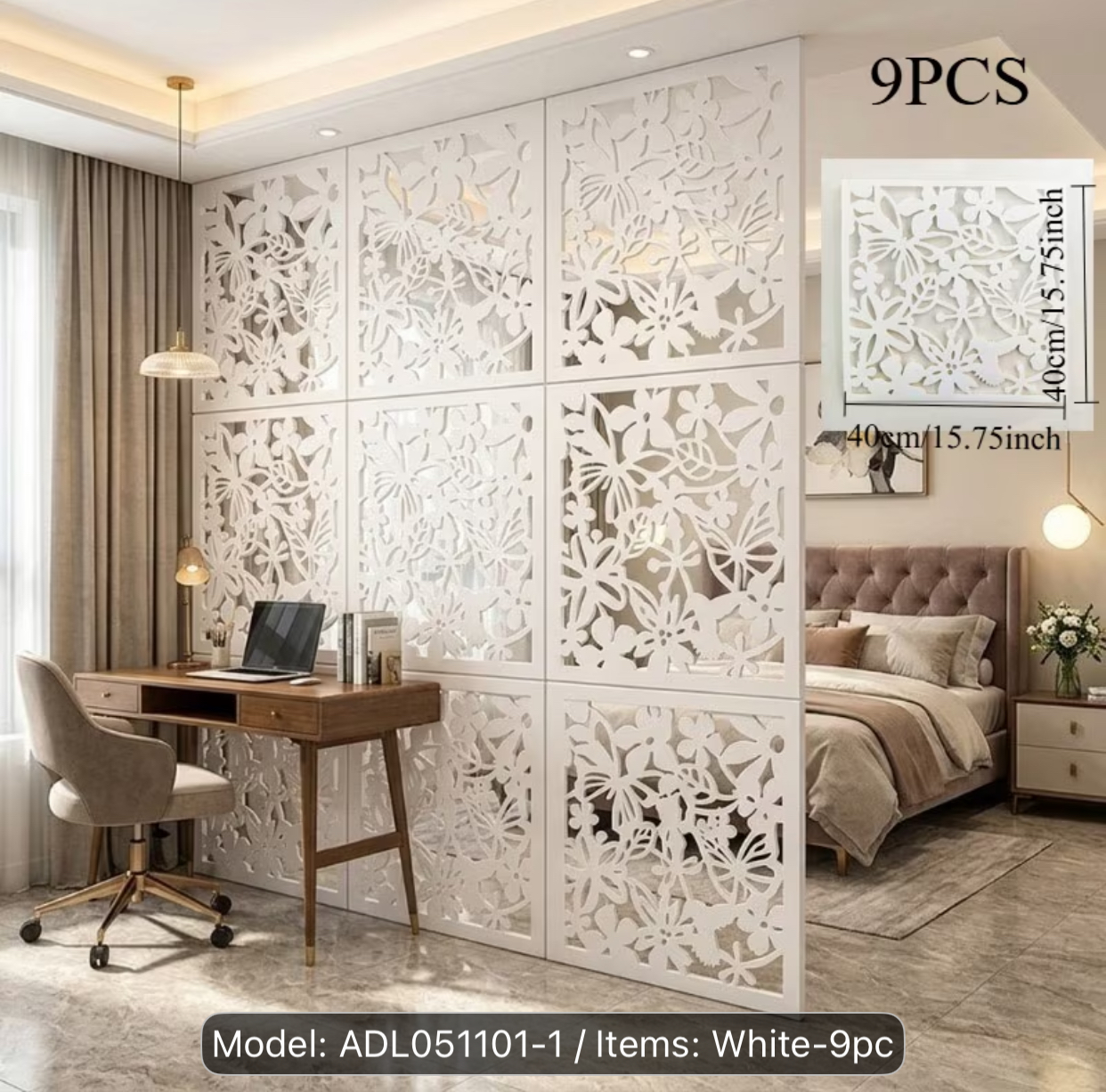 9-Pack Floral Butterfly Hanging Room Divider Panels – White Open-Work Laser Cut Screen (40x40{cm})