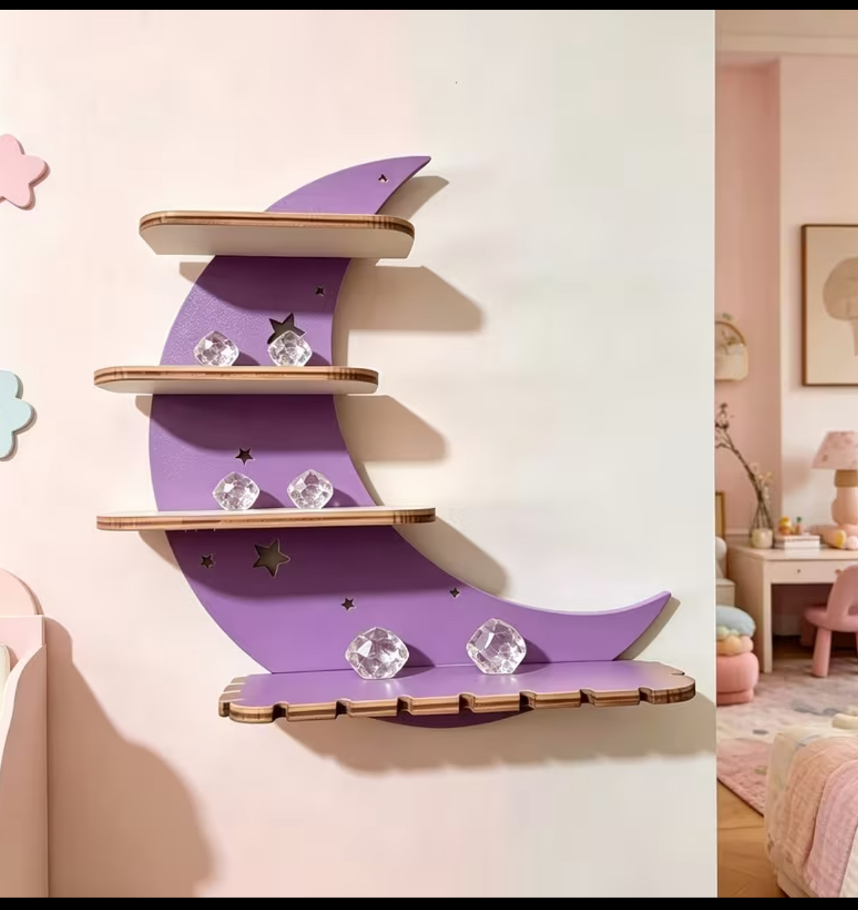Purple Crescent Moon Floating Wall Shelf – Wooden Crystal Display Ledge for Stones and Crystals (24x26{cm})