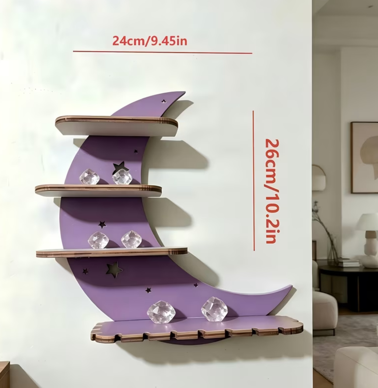 Purple Crescent Moon Floating Wall Shelf – Wooden Crystal Display Ledge for Stones and Crystals (24x26{cm}) 2