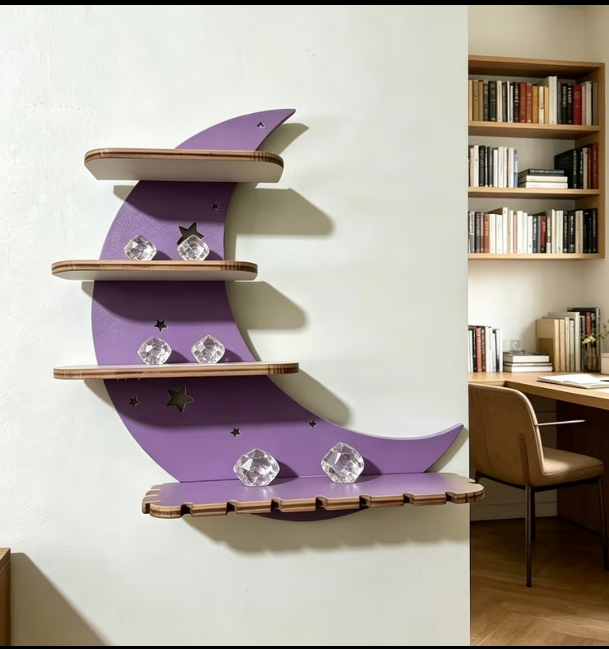 Purple Crescent Moon Floating Wall Shelf – Wooden Crystal Display Ledge for Stones and Crystals (24x26{cm}) 3