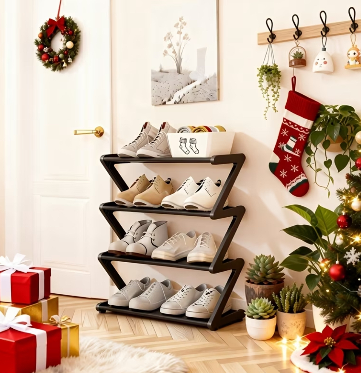 4-Tier Modern Z-Shaped Shoe Rack – Space-Saving Metal Pipe Stand for Small Spaces 2