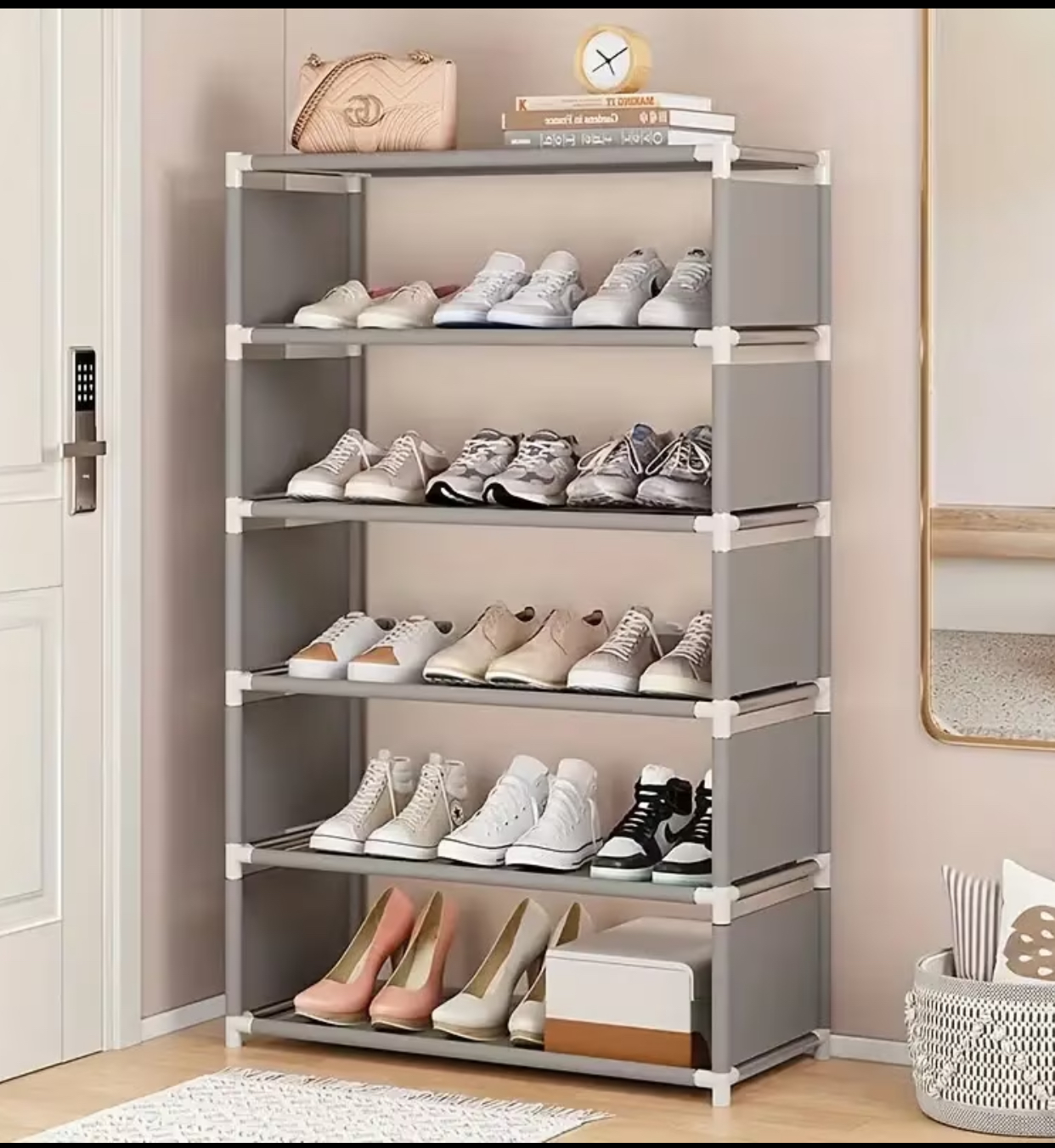 5-Tier Multi-Layer Compact Shoe Tower – Space-Saving Fabric Shelf Organizer with Metal Tubes