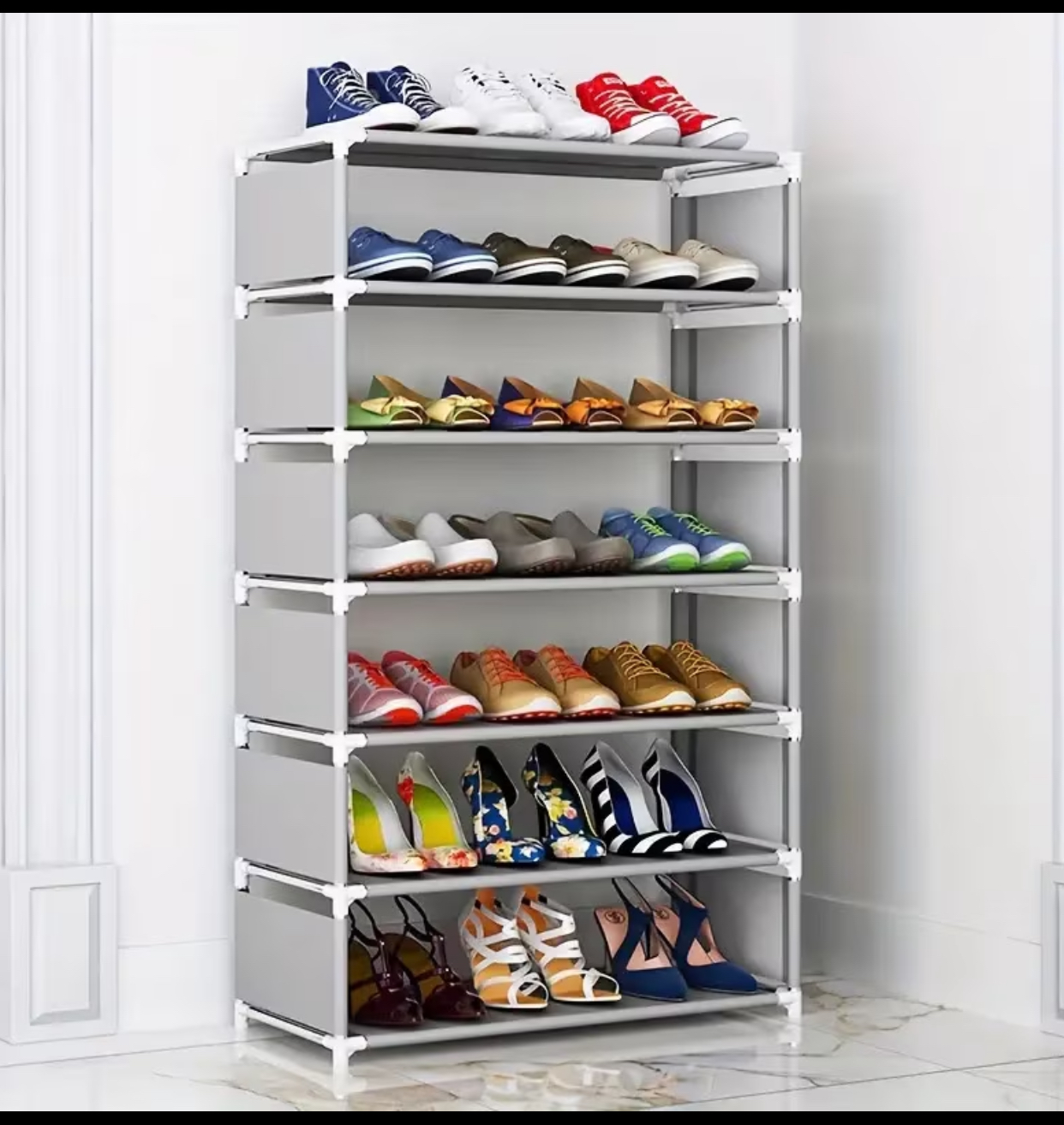 5-Tier Multi-Layer Compact Shoe Tower – Space-Saving Fabric Shelf Organizer with Metal Tubes 3