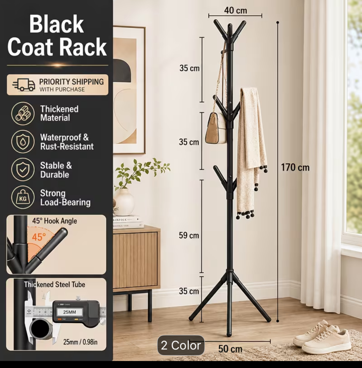 Heavy Duty Metal Coat Tree – 170cm Black Freestanding Hat and Purse Hanger Stand
