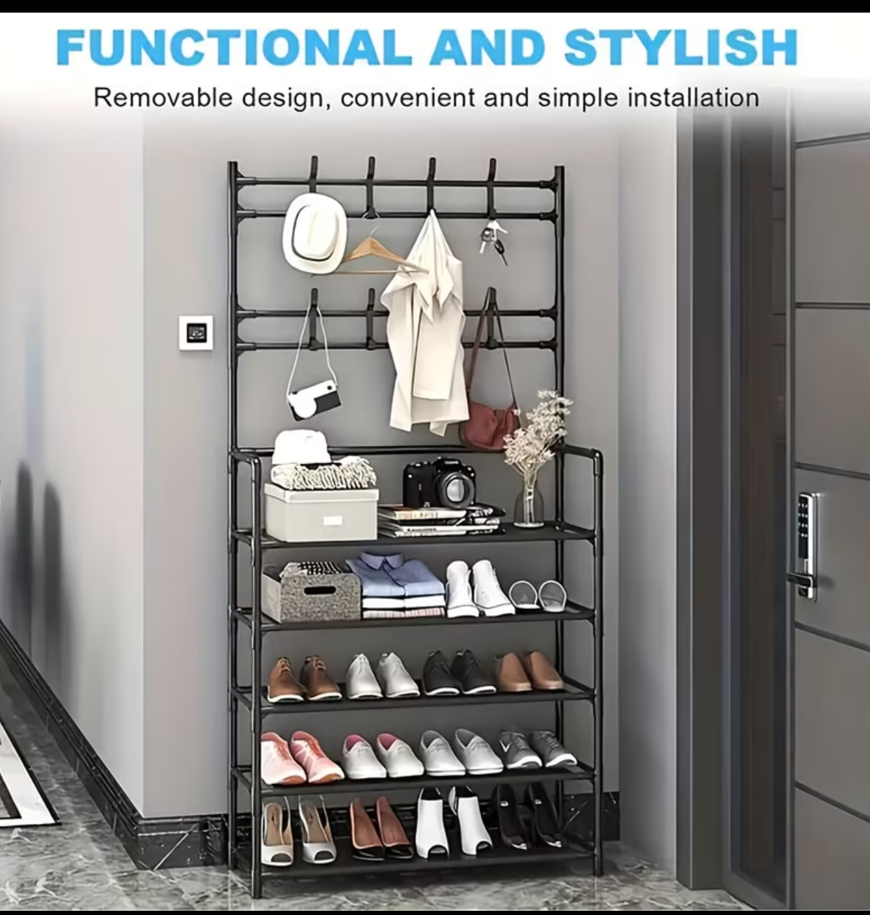 All-in-One Entryway Storage Organizer – Freestanding Coat Rack with 5-Tier Shoe Shelf