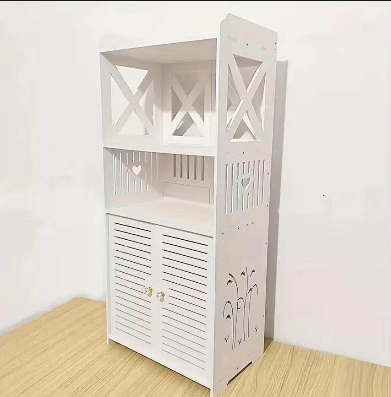 Slim Freestanding White Bathroom Storage Cabinet – Wood-Plastic Organizer Shelf with Louvered Doors