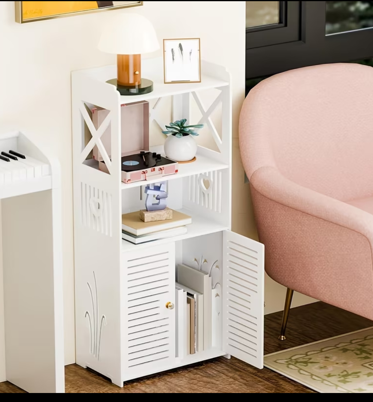 Slim Freestanding White Bathroom Storage Cabinet – Wood-Plastic Organizer Shelf with Louvered Doors 2