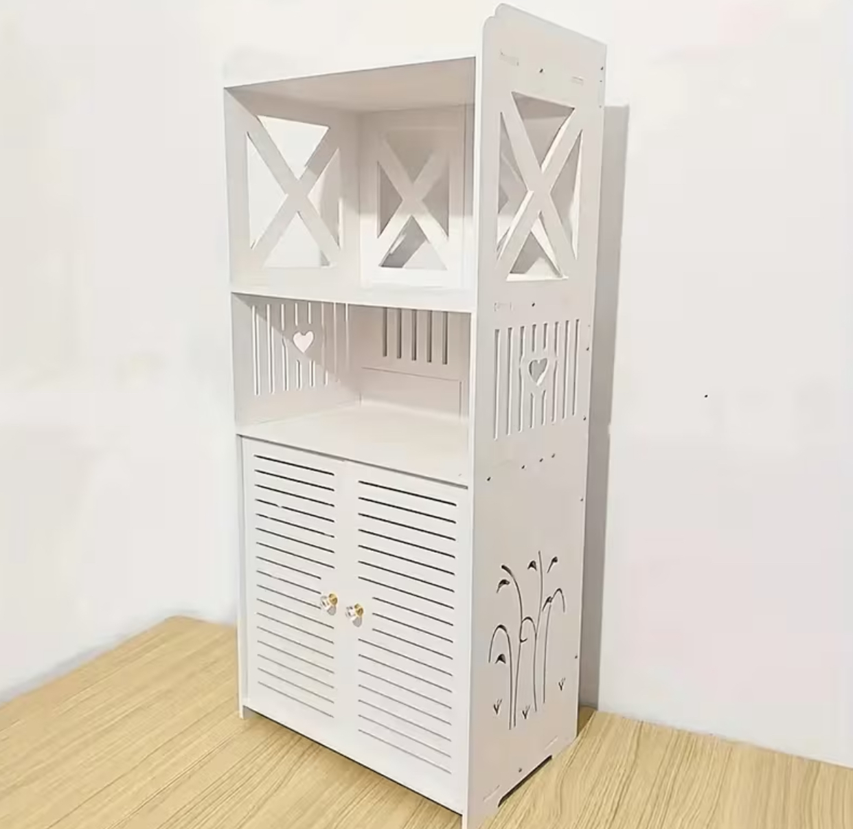 Slim Freestanding White Bathroom Storage Cabinet – Wood-Plastic Organizer Shelf with Louvered Doors 3