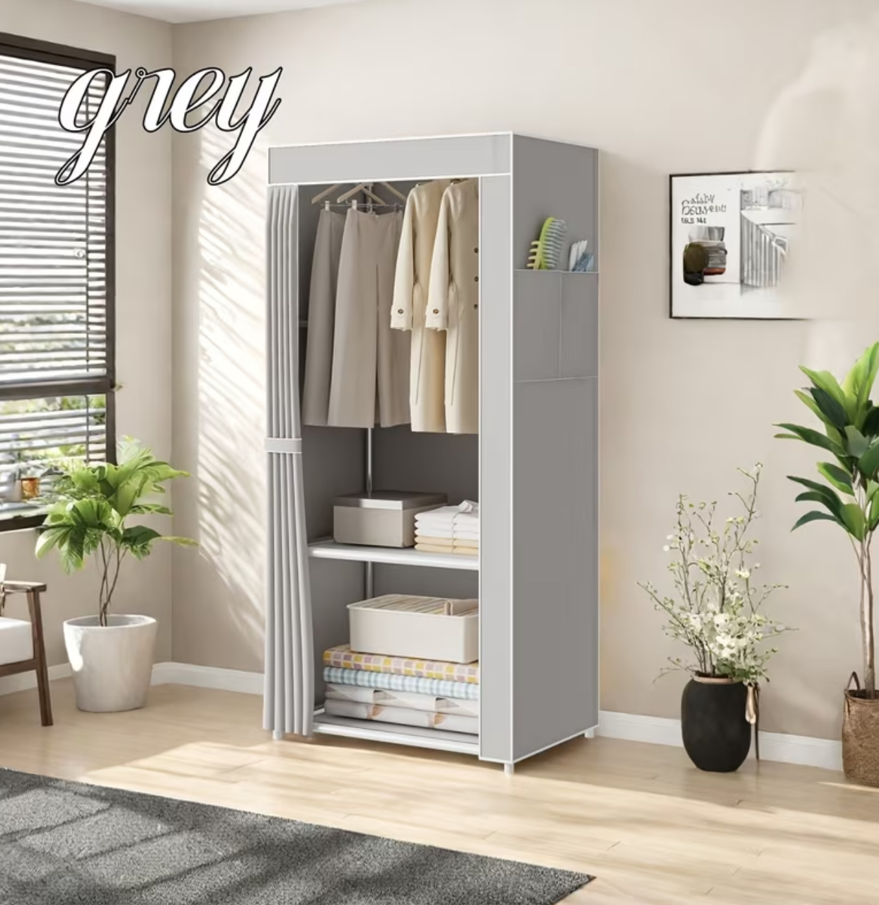 Freestanding Portable Fabric Clothes Wardrobe – Mobile Closet Storage Organizer with Hanging Rail (Grey)