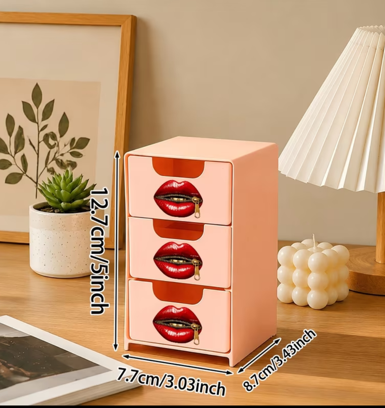 Compact 3-Tier Mini Desktop Storage Box – Peach Plastic Jewelry and Stationery Case with Zipper Lips