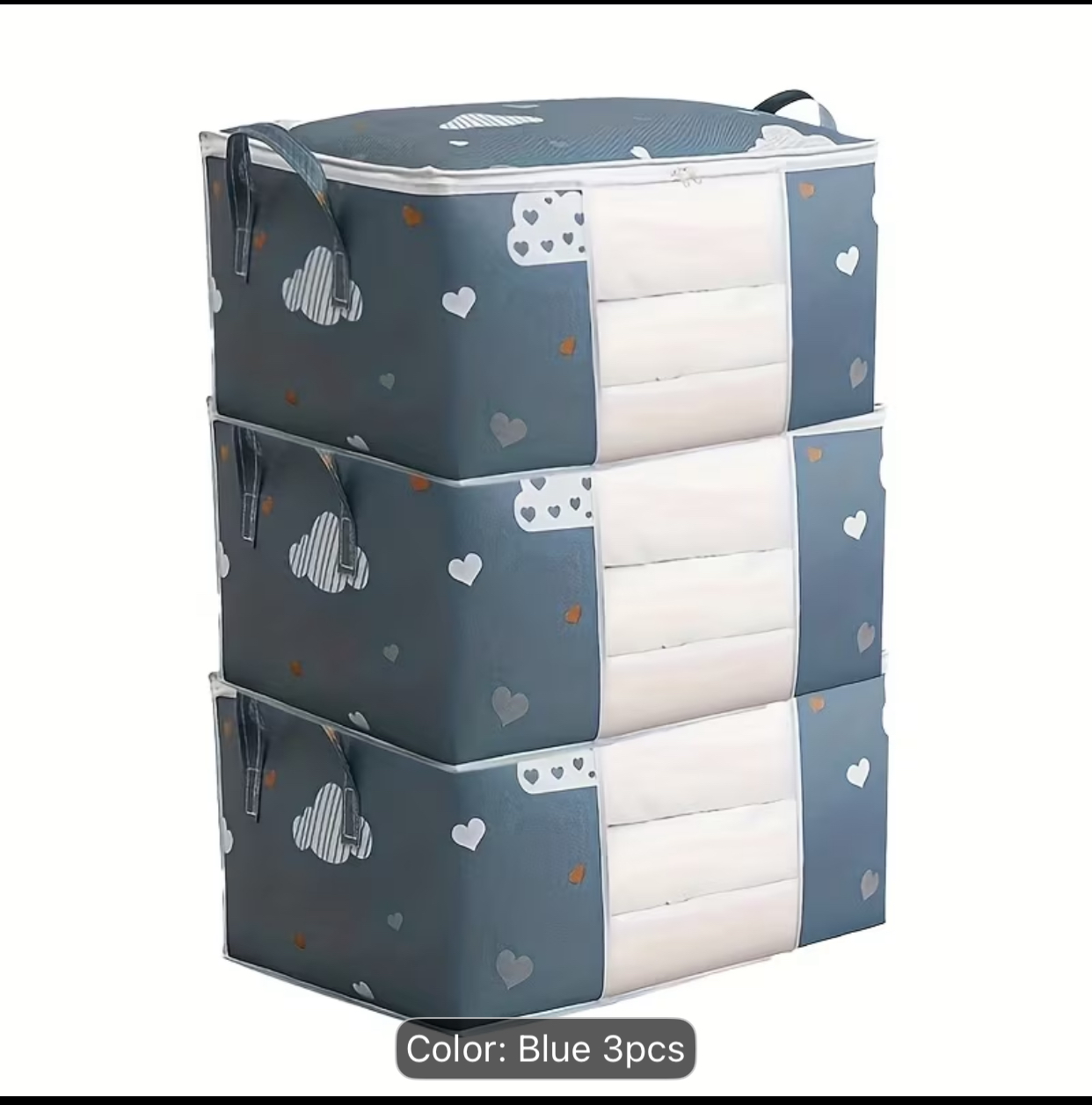 3-Pack Large Fabric Clothes Storage Bins – Foldable Organizer Bags with Clear Window (Blue Clouds)
