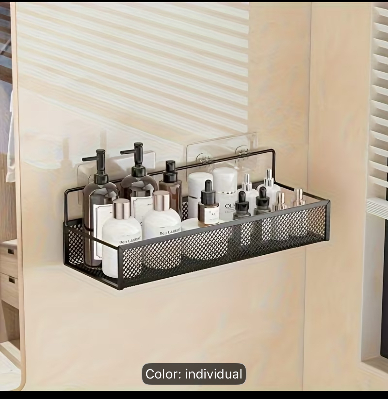 Matte Black Wire Mesh Shower Caddy – Damage-Free Adhesive Wall Floating Shelf for Bathroom and Kitchen
