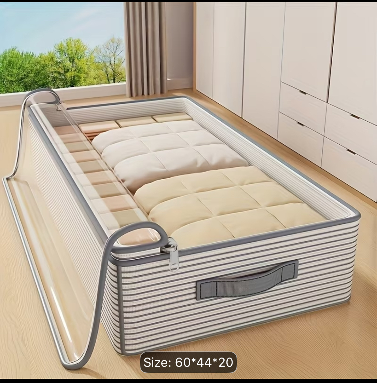 Under-Bed Large Fabric Storage Container – Striped Blanket and Comforter Organizer Bag (60x44x20 cm)