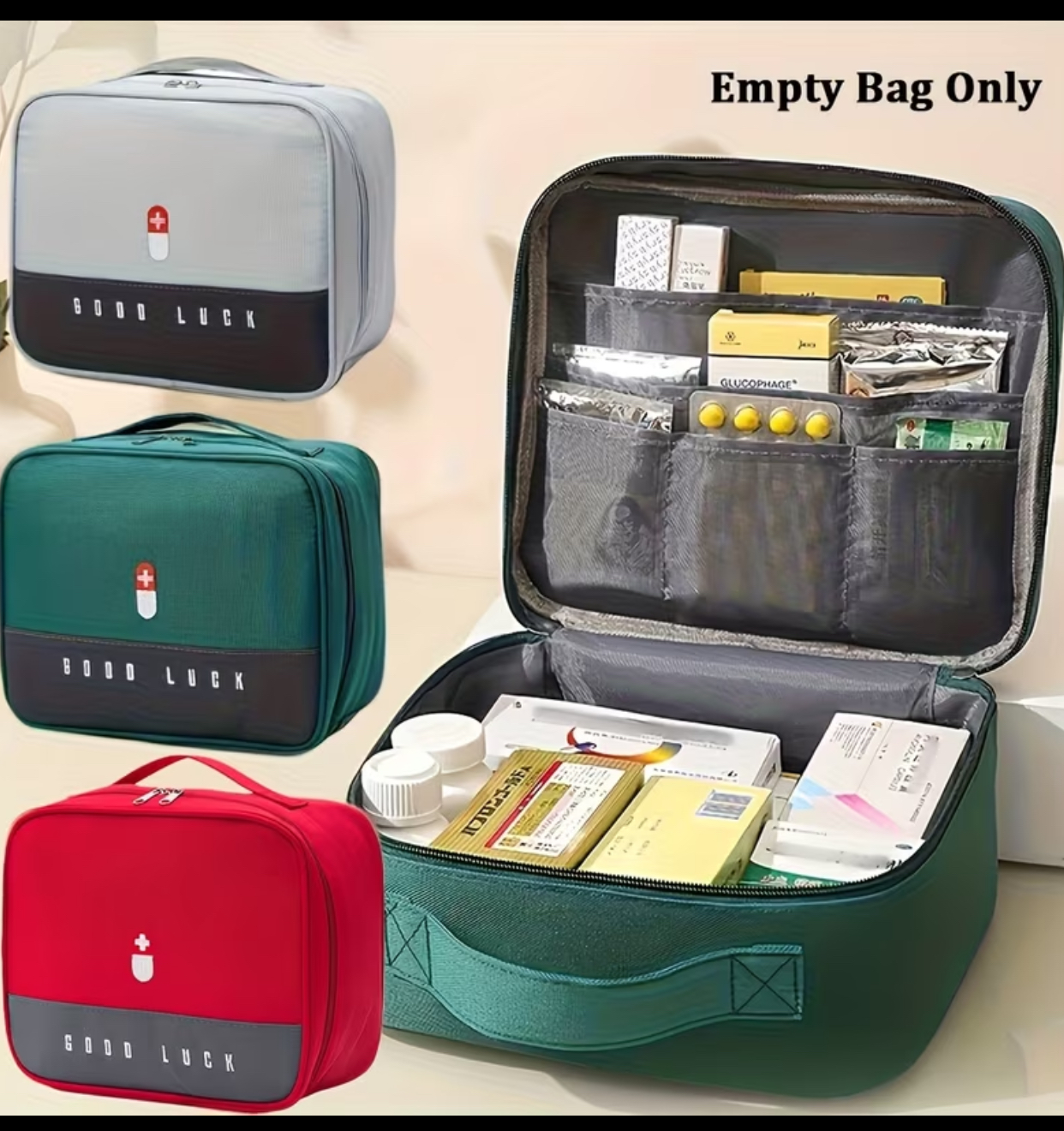 Insulated First Aid Travel Medicine Bag – Green Canvas Emergency Pill and Kit Case (25x12x20 cm)