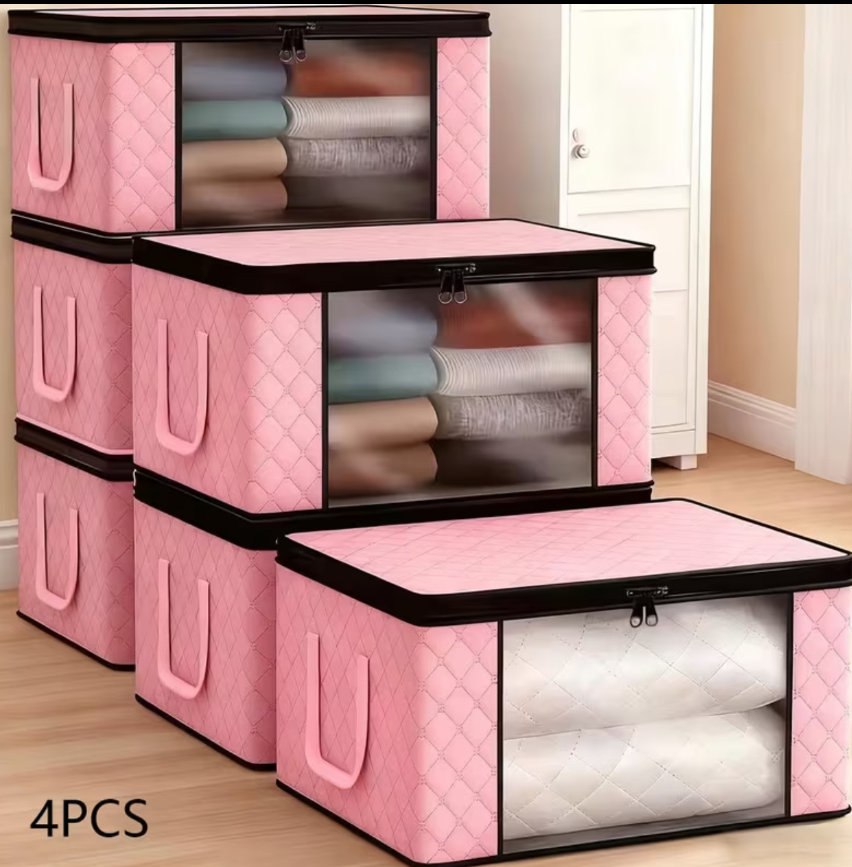4-Pack Pink Quilted Closet Storage Cubes – Large Fabric Organizer Containers with Clear Front Panel
