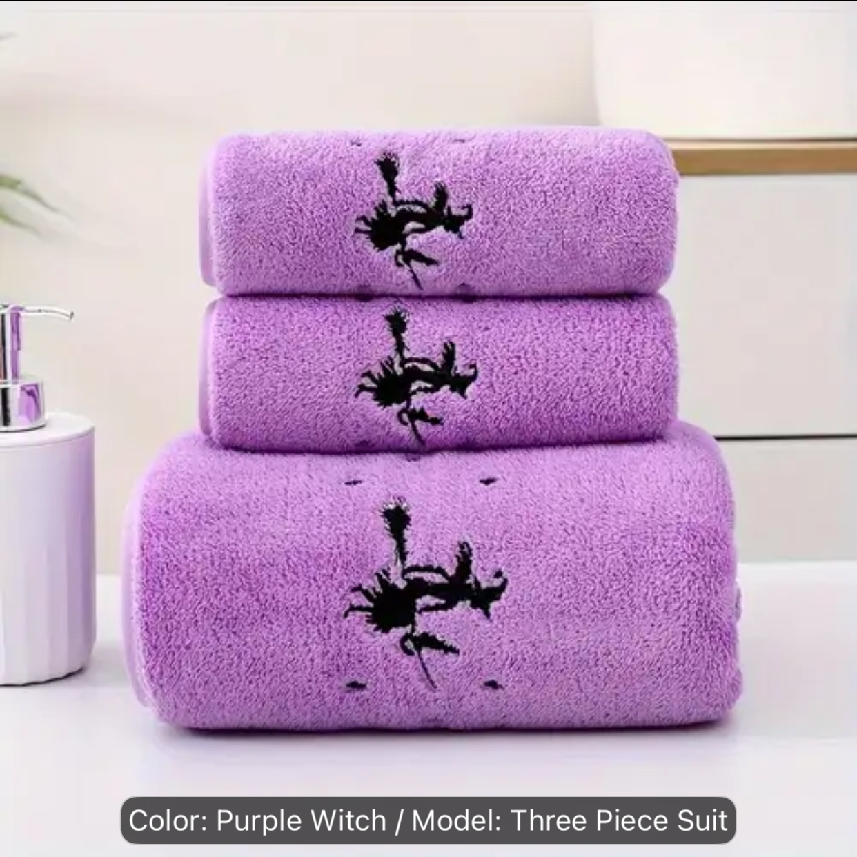 Embroidered Halloween Witch Purple Towel 3-Piece Suit