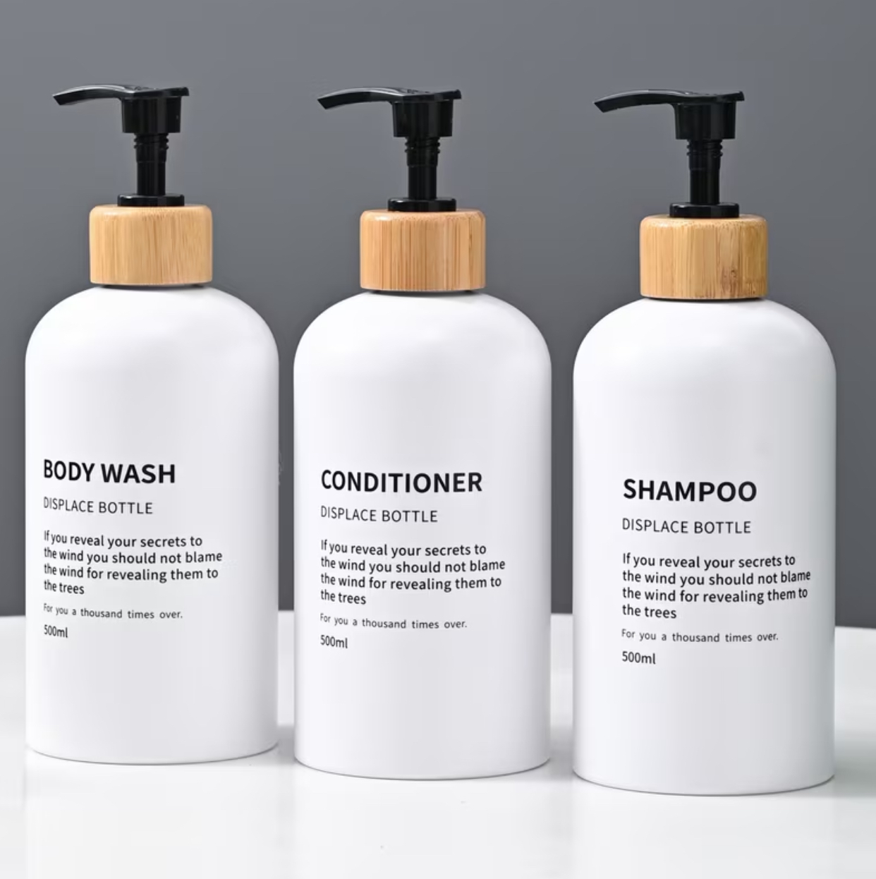 3-Piece Eco-Style Dispenser Bottles  Matte White Refillable Pump Bottles with Bamboo Trim (500ml)