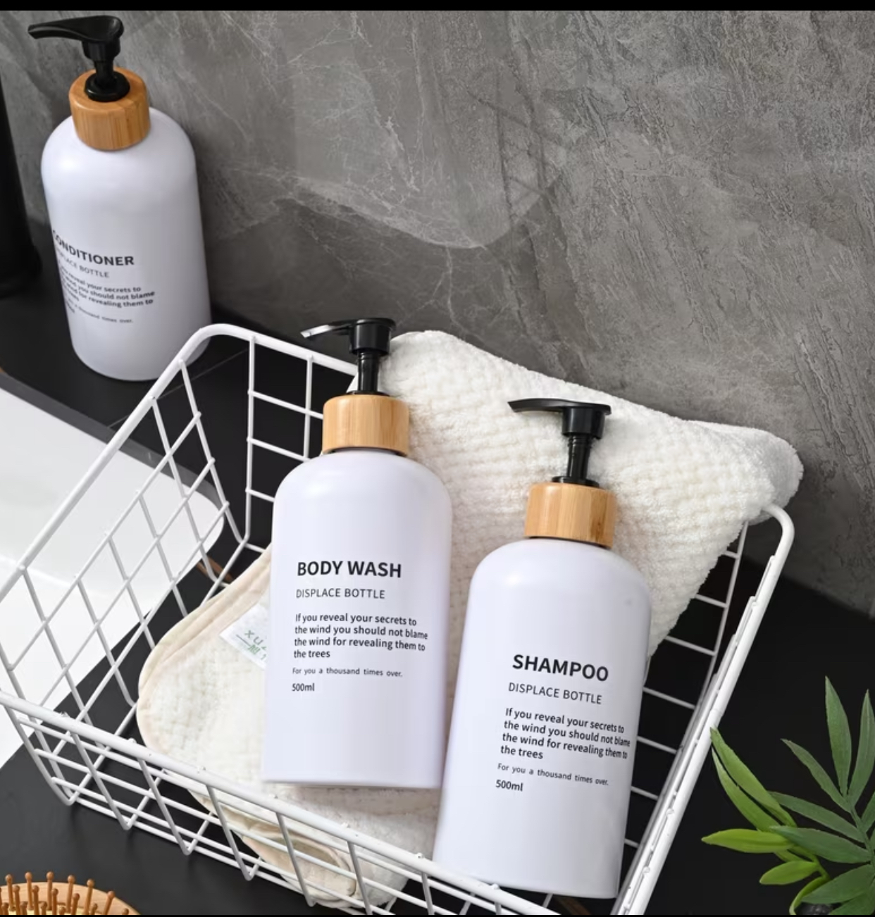 3-Piece Eco-Style Dispenser Bottles Matte White Refillable Pump Bottles with Bamboo Trim (500ml) 2