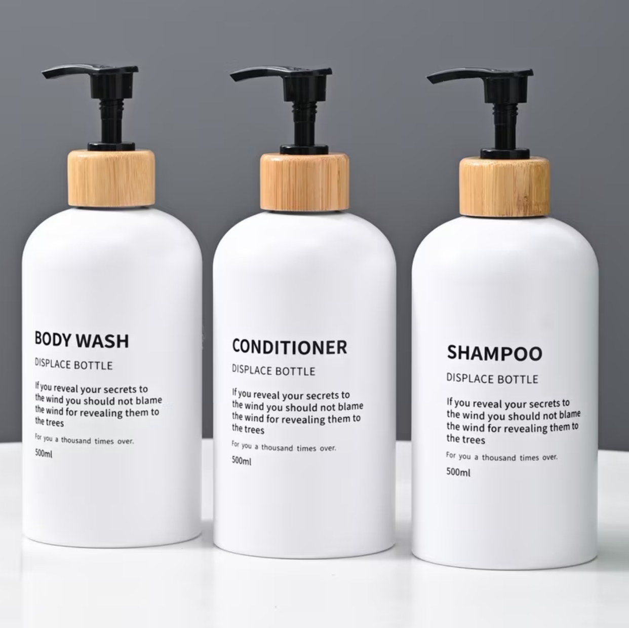 3-Piece Eco-Style Dispenser Bottles Matte White Refillable Pump Bottles with Bamboo Trim (500ml) 3
