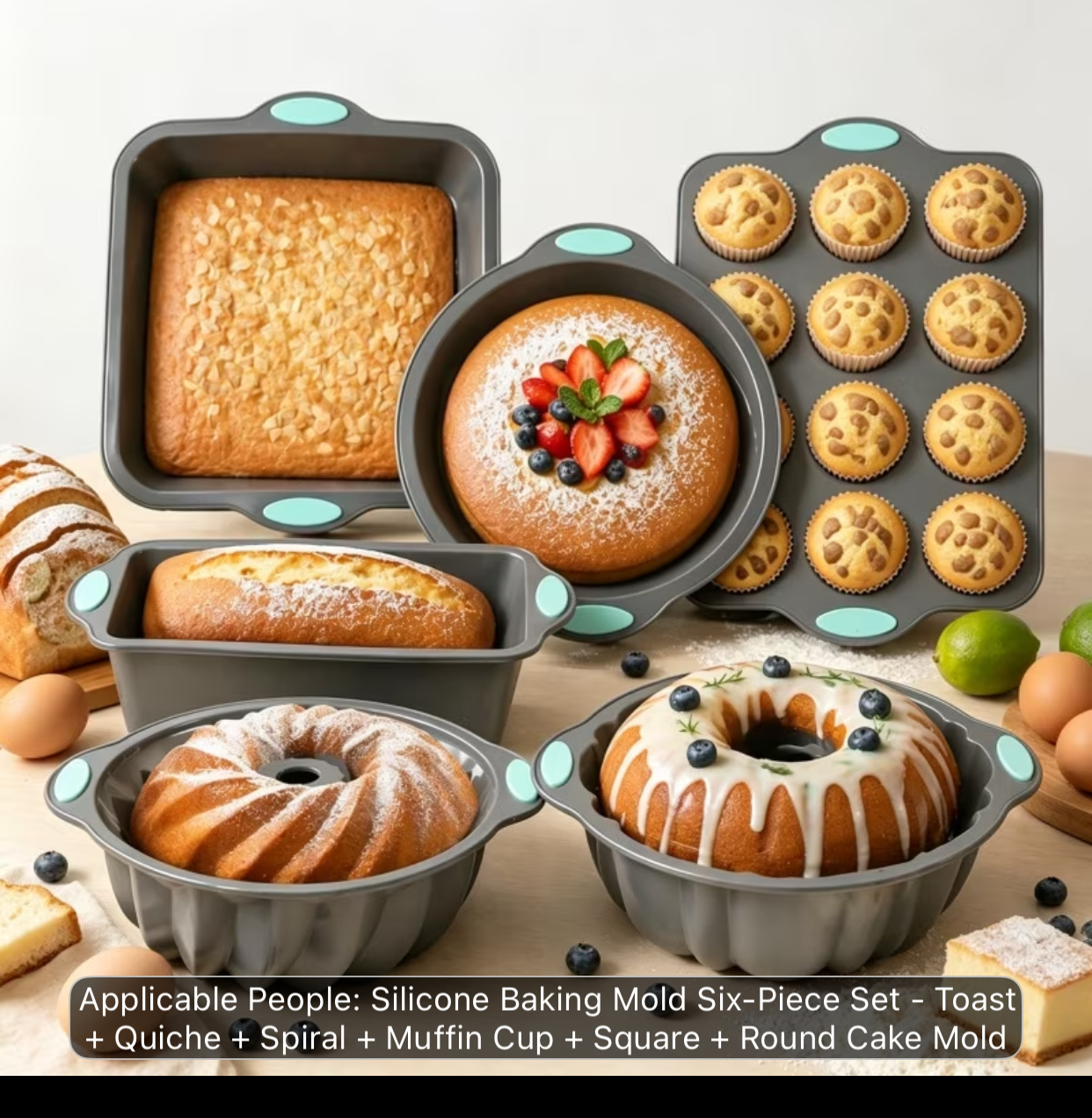 6-Piece Assorted Silicone Bakeware Set with Detailed Measurement Infographic