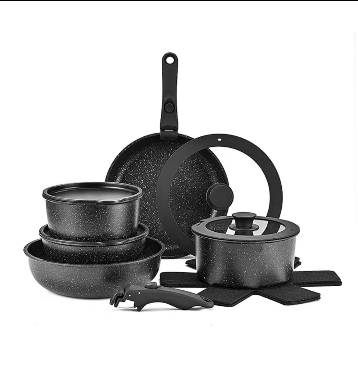 Black Speckled Non-Stick Granite Cookware and Utensil Set
