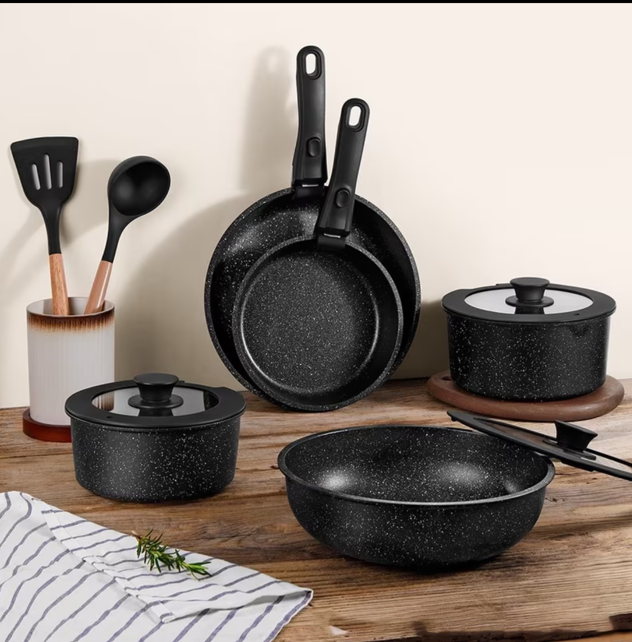 Black Speckled Non-Stick Granite Cookware and Utensil Set 2