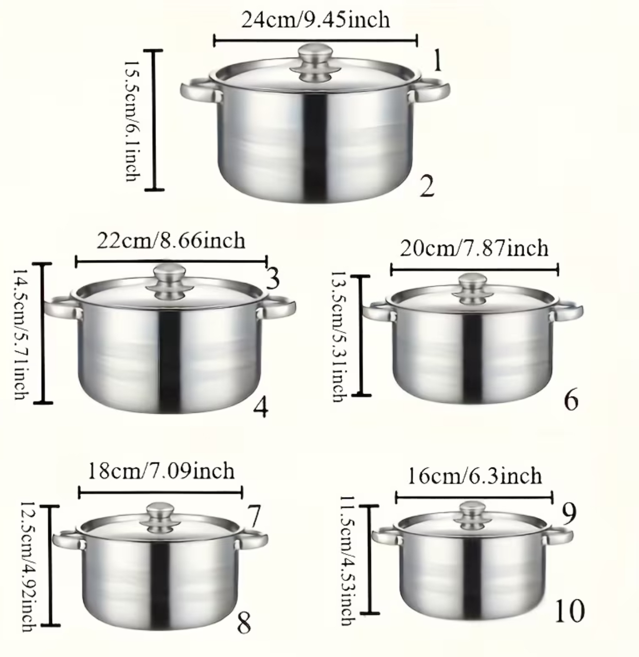 5-Piece Classic Polished Stainless Steel Heavy-Bottom Casserole Pot Set 3