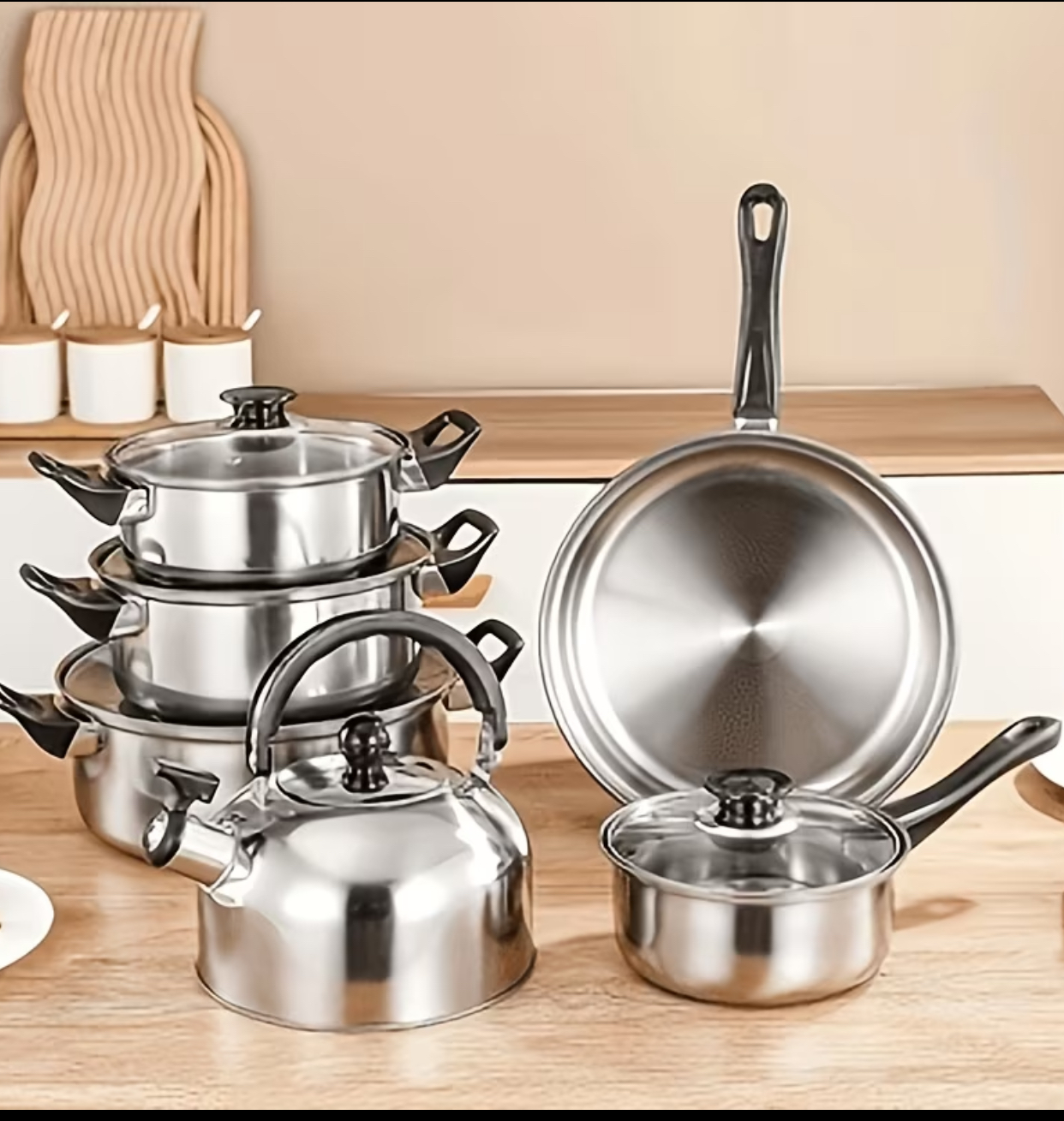 Stainless Steel Cookware Ensemble with Faux-Wood Grain Handles and Whistling Kettle