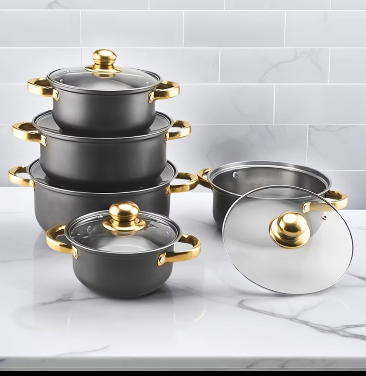 Matte Charcoal Grey Die-Cast Casserole Pot Set with Gold-Plated Handles