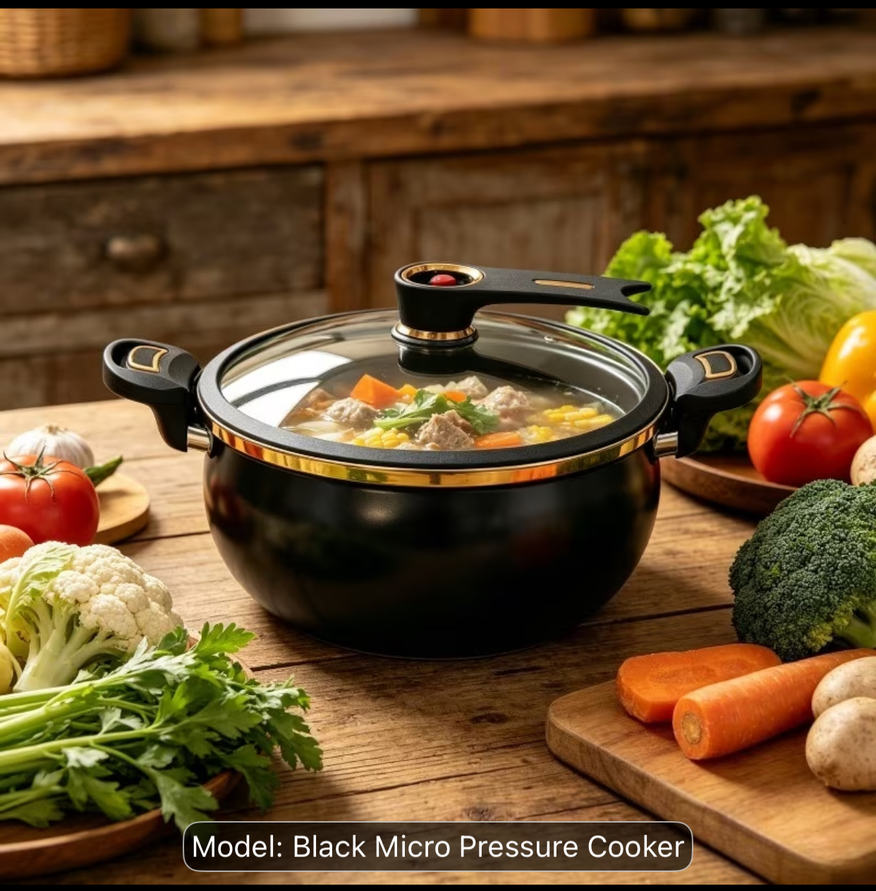 Modern Black Micro Pressure Cooker Pot with Tempered Glass Locking Lid