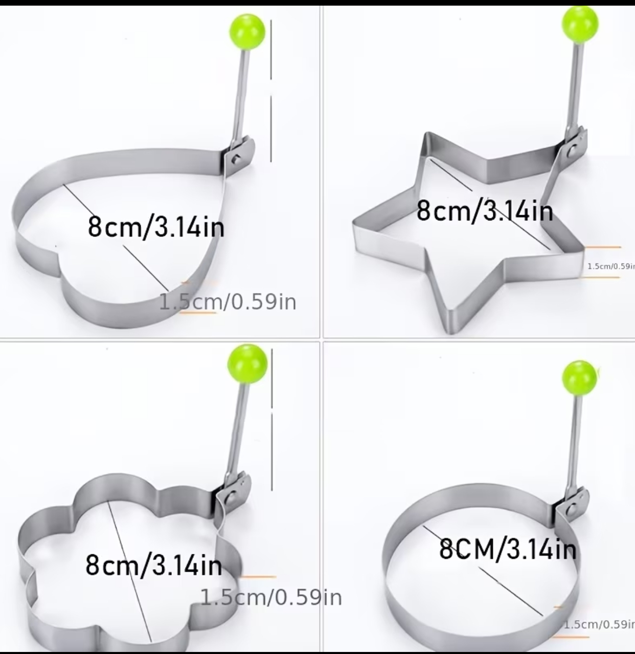 4-Piece Stainless Steel Fried Egg and Pancake Mold Rings with Silicone Folding Handles 2
