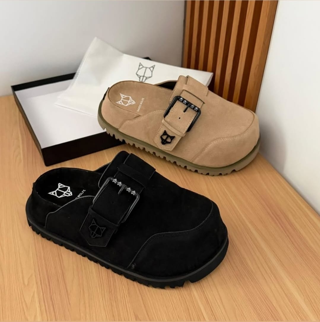 Men's & Women's Thick Sole Suede Clogs | Unisex Retro Platform Mule Slippers with Adjustable Buckle Strap | Cozy Round Toe Slip-On Casual Shoes