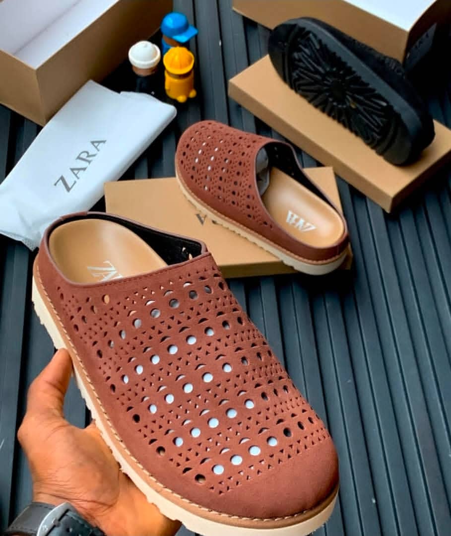 Men's Breathable Hollow-Out Suede Clogs | Unisex Perforated Platform Mule Slippers | Summer Cut-Out Slip-On Casual Shoes