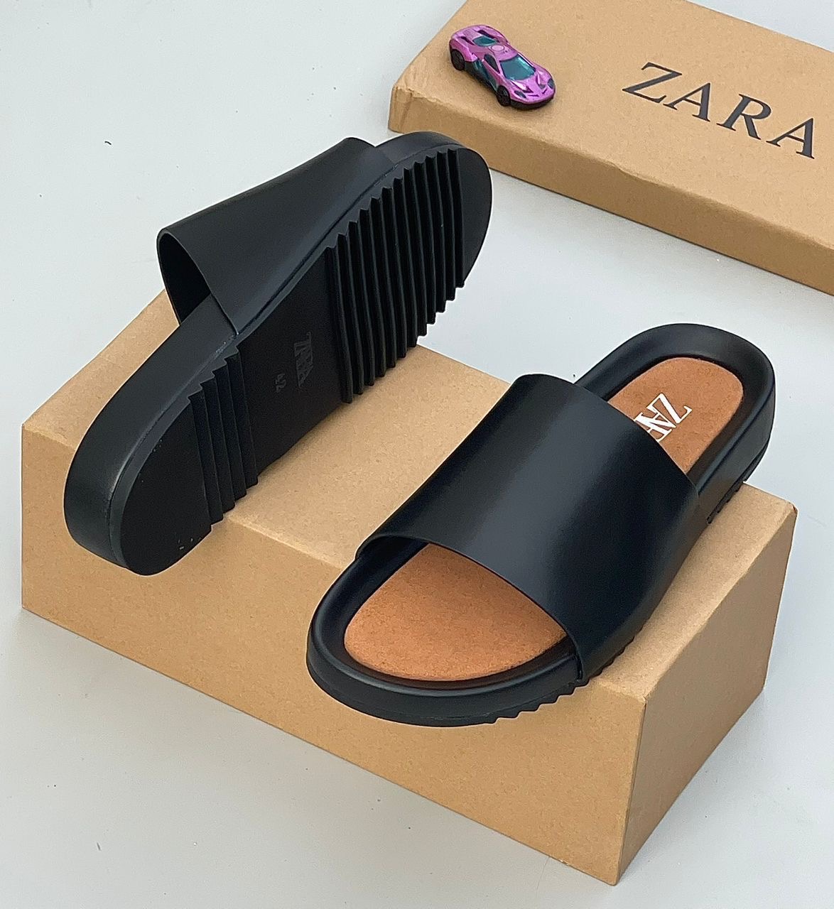 Zara Leather Slides (Black) 