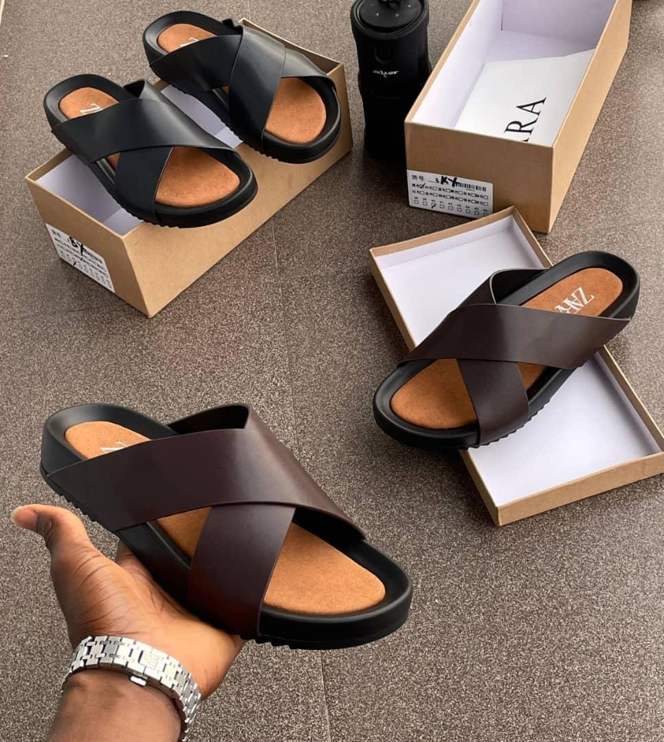 Zara Cross-Strap Slides (Dark Brown)