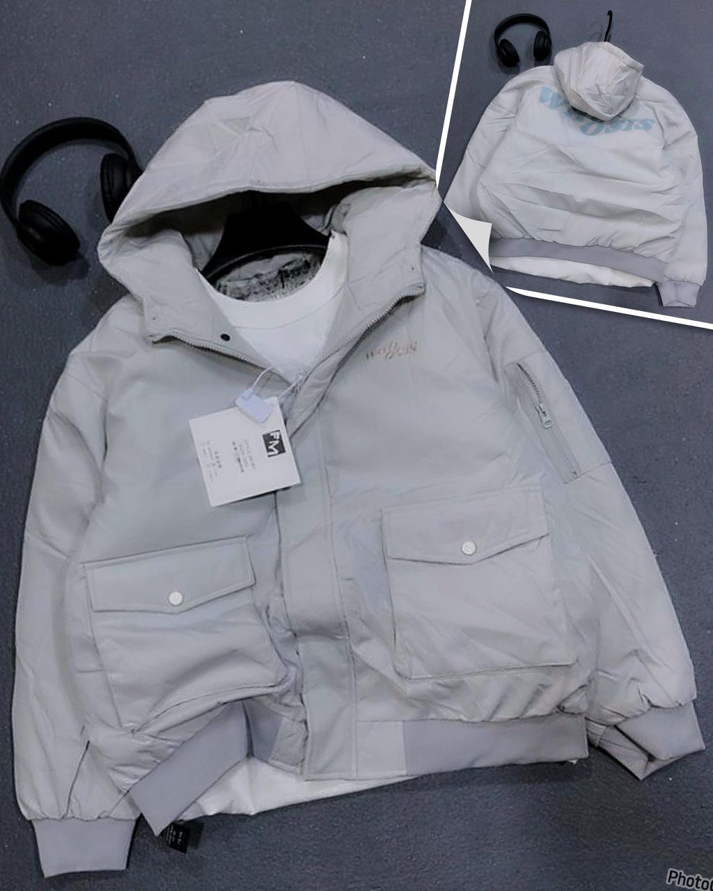 WH08SIS Hooded Utility Bomber Jacket (Light Grey)