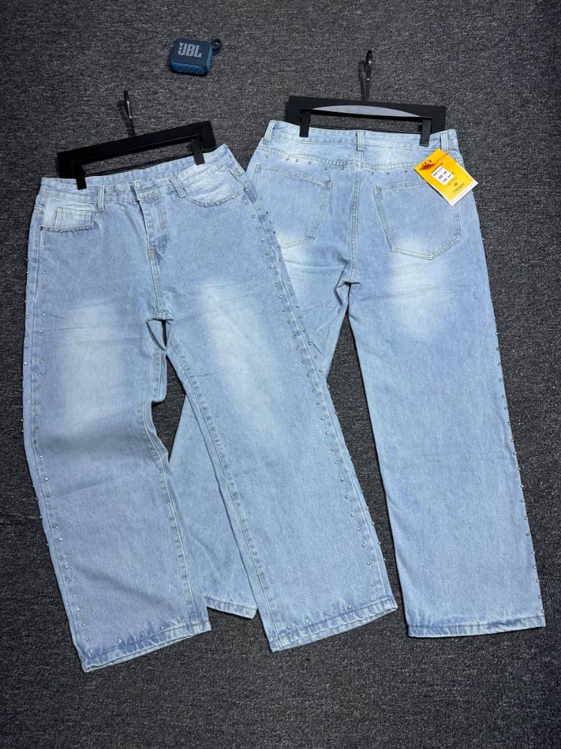 Light Wash Micro-Studded Wide Leg Jeans
