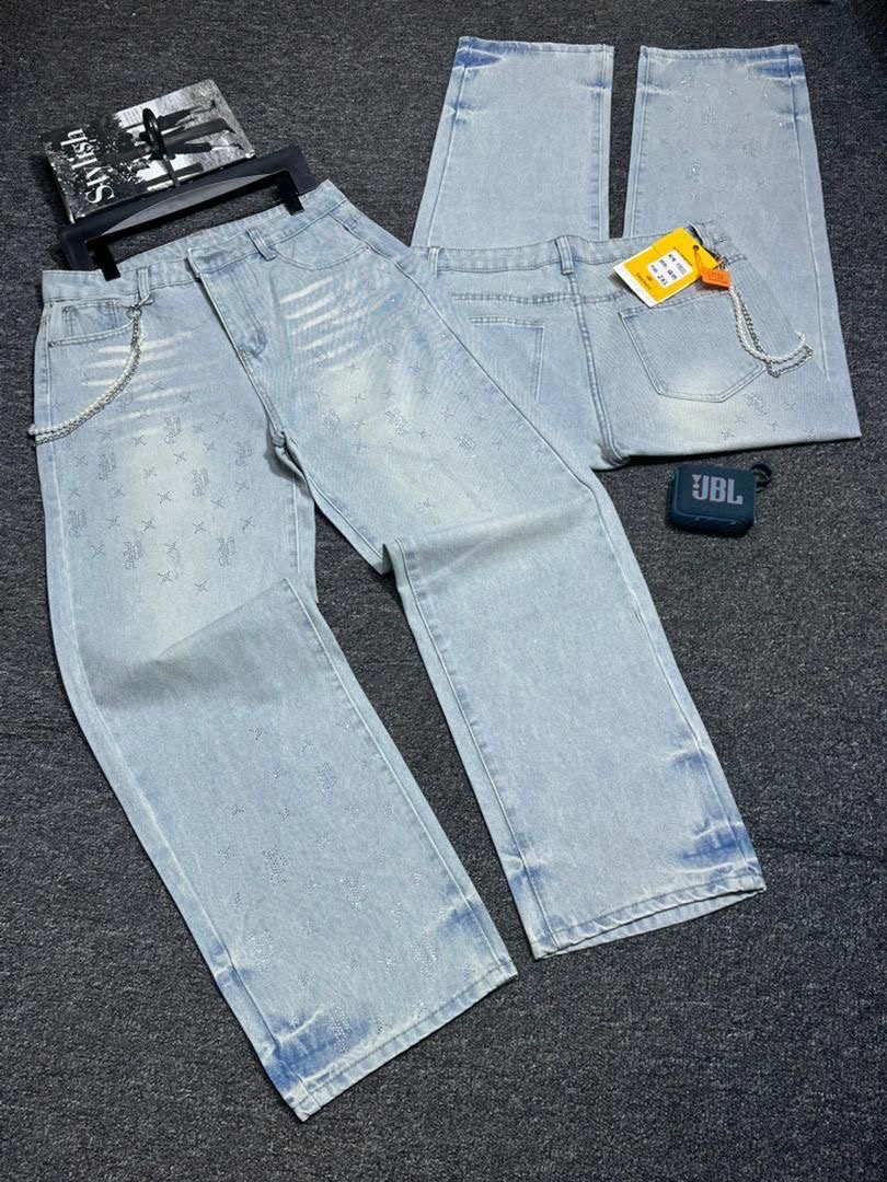 Monogram Embossed Light Wash Jeans with Pocket Chain