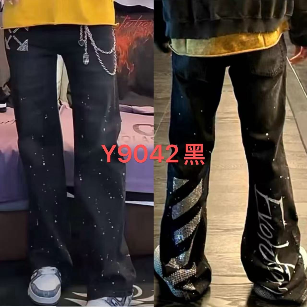 Off-White Style "Evolut" Rhinestone Graphic Black Jeans
