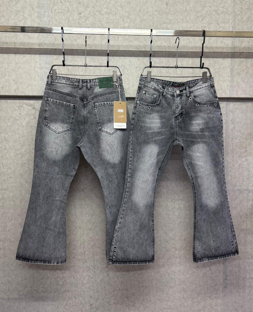 Acid Wash Grey Eyelet-Detail Flare Jeans