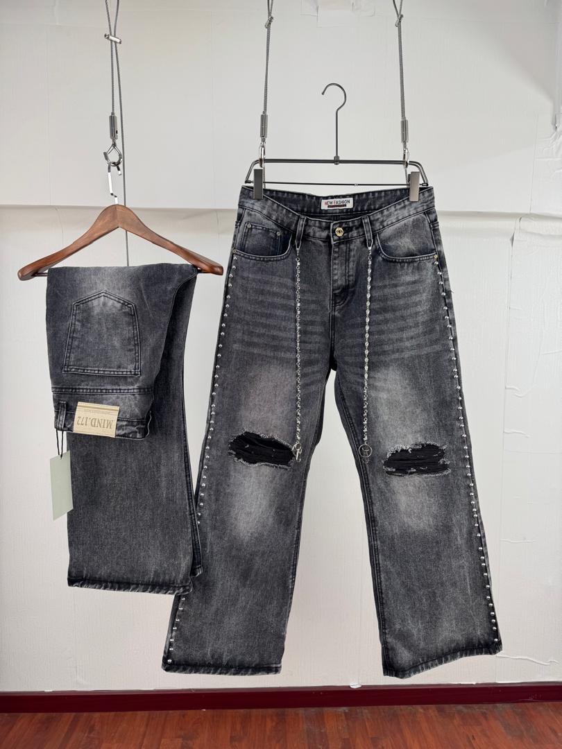 Distressed Charcoal Grey Studded Streetwear Jeans