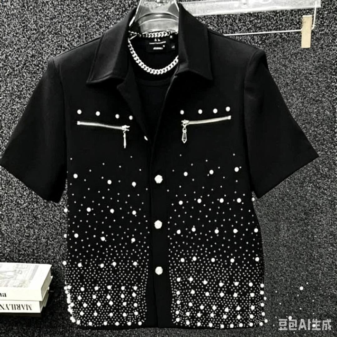 men's black short-sleeve button-up streetwear 3