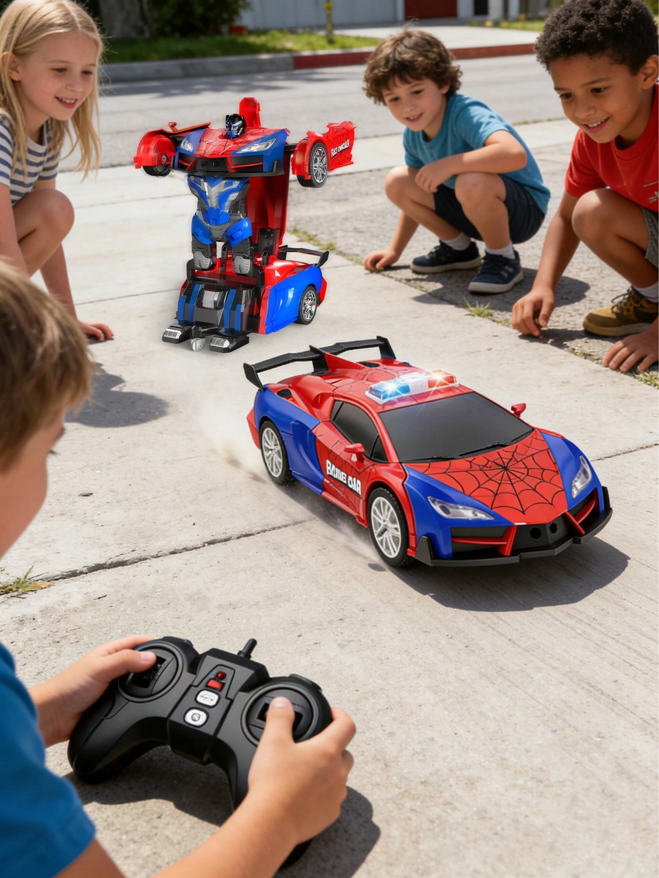 Spider-Man Themed Transforming RC Robot Car (Action Shot)