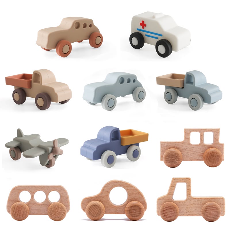 Pastel Silicone & Natural Wood Toy Vehicle Assortment